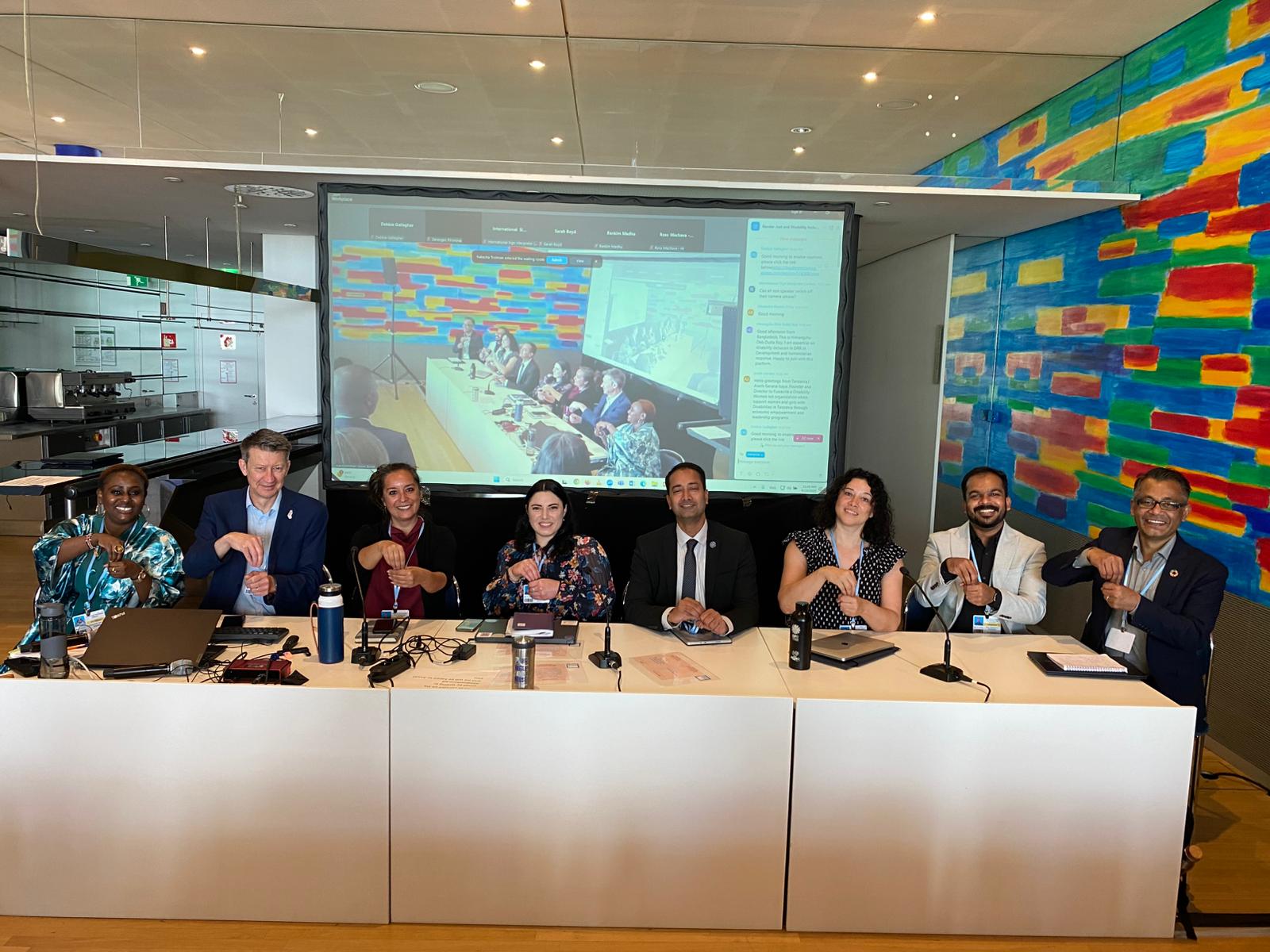 Panelists from right Josephine Mwatibo – AWAC Kenya, Mark Burell – CBM UK, Jenni Pitter-Lopez – Light of the World, Elena Ratoi – Disability Rights Lawyer and Advocate, Animesh Kumar – Head of Mission, UNDRR, Professor Elisa Morgera – Special Rapporteur on Climate Change and Human Rights, Bala Nagendran – Global Disability Innovation Hub, Mahbub Kabir- CBM Ireland